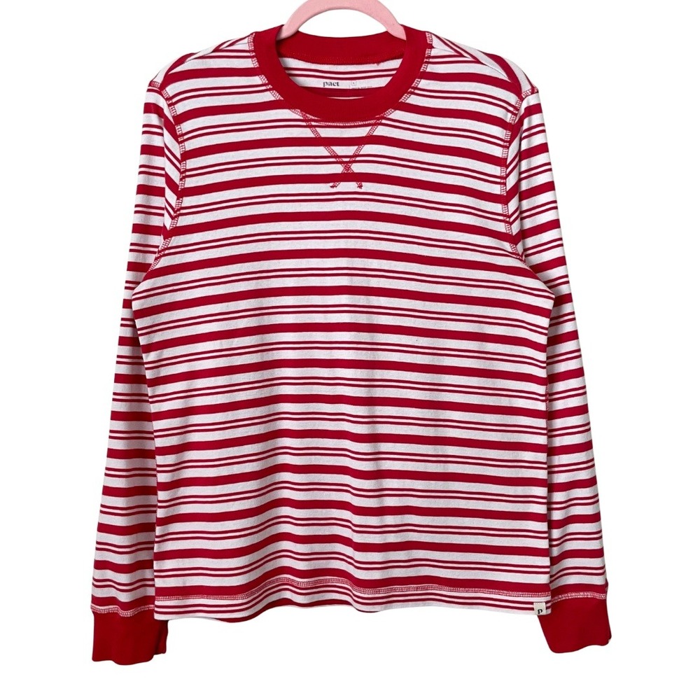 Pact Shirt Womens Large Red White Organic Cotton Striped Long Sleeve T-Shirt